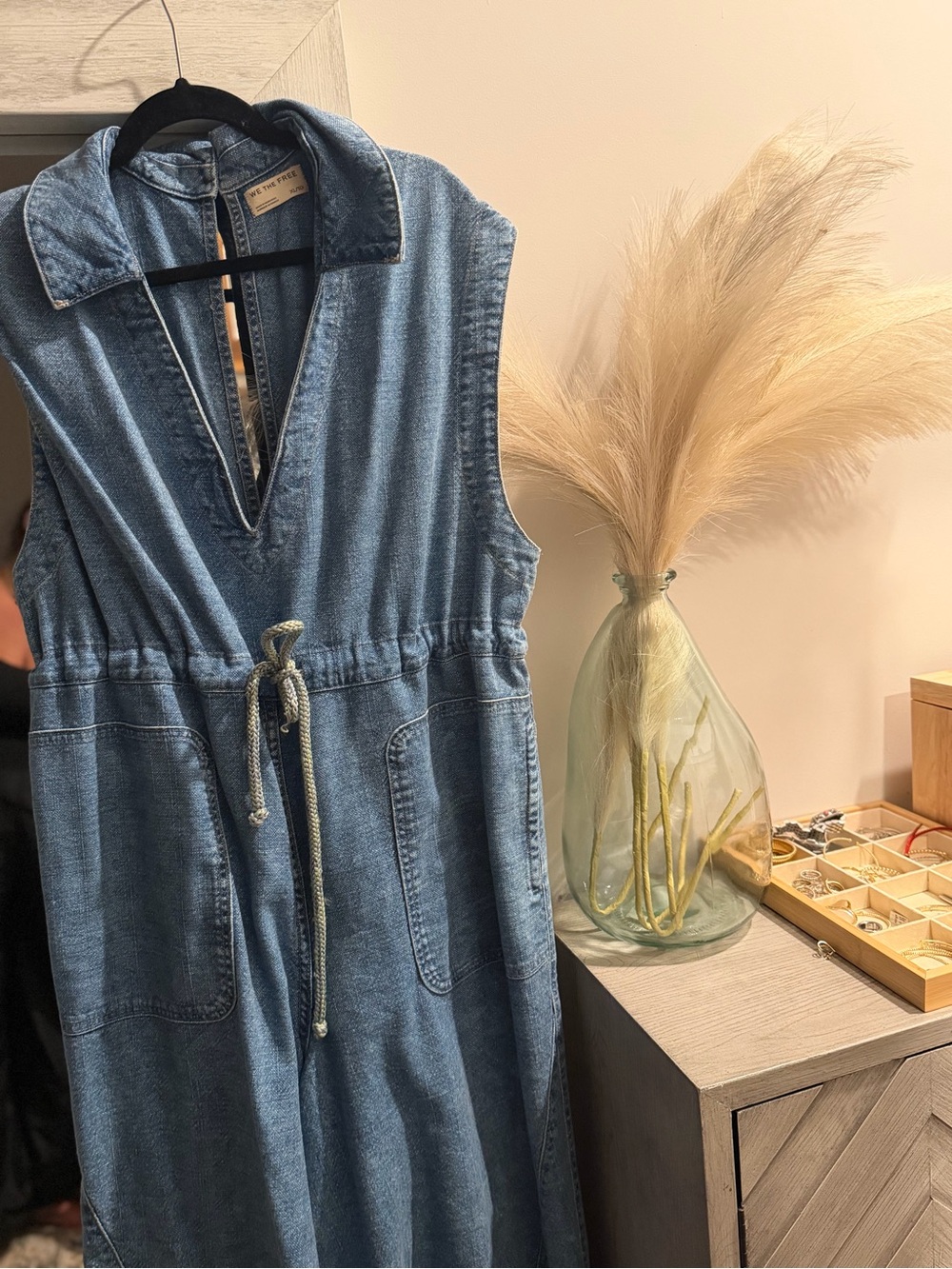 We The Free Light Blue Washed Denim V-Neck jumper
